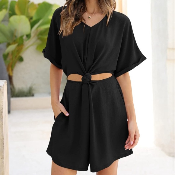 DEEP SELF Women’s Summer Short Sleeve Rompers Casual V Neck Knot Front Cut - Picture 4 of 7